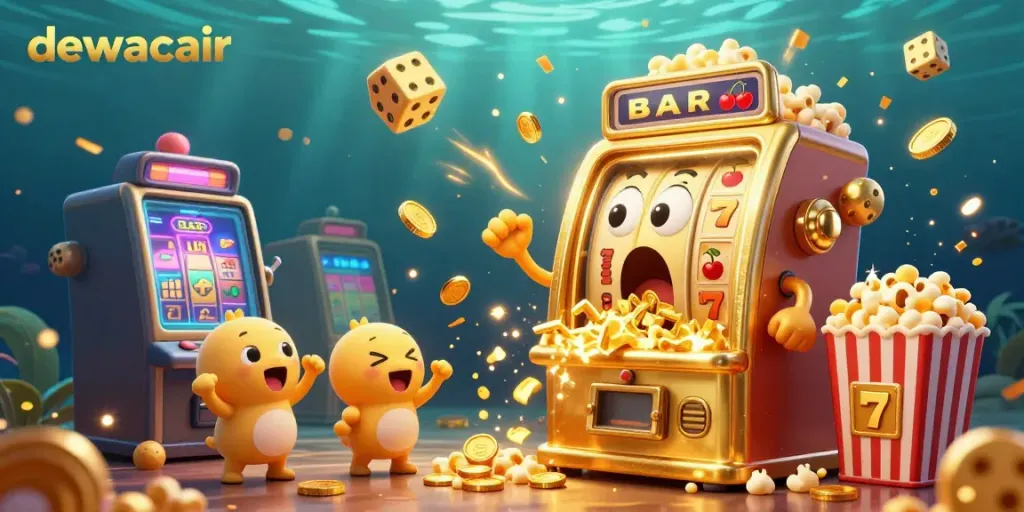 Experience the excitement of dewacair with golden slot machines hitting jackpots and coins bursting out.