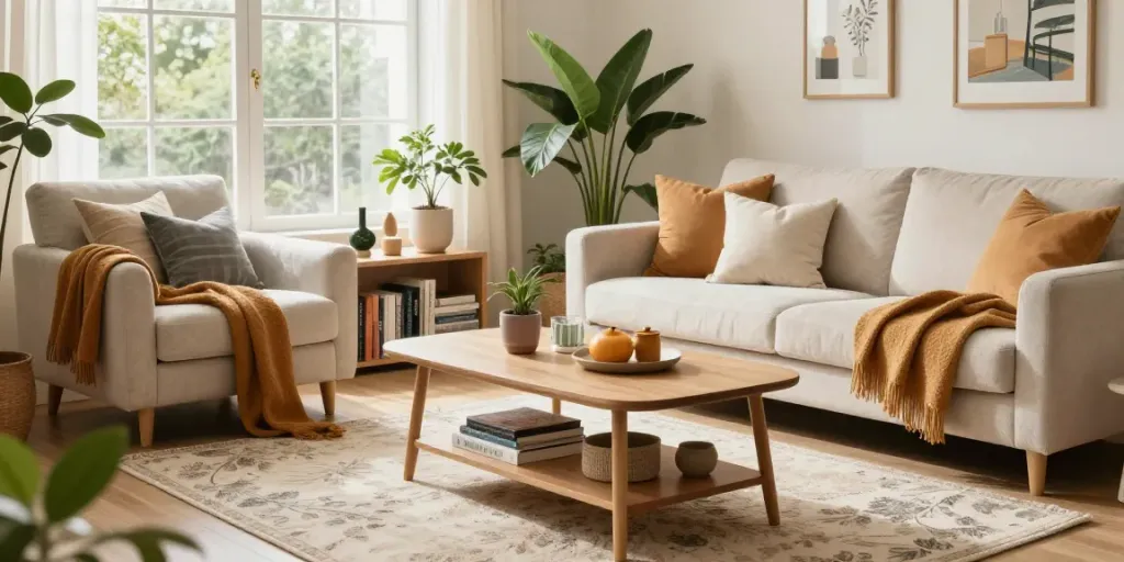 Home The Spruce stylish living room with cozy decor and natural light.