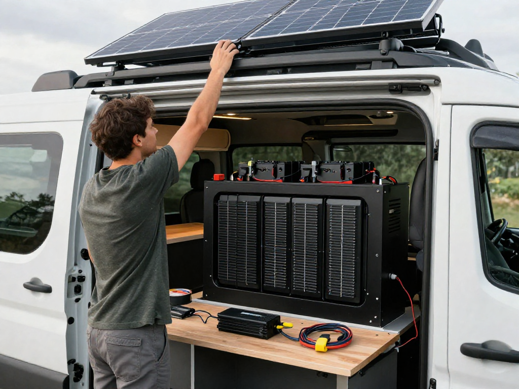 ROKOK88 van conversion with upgraded electrical systems and solar panel installation.