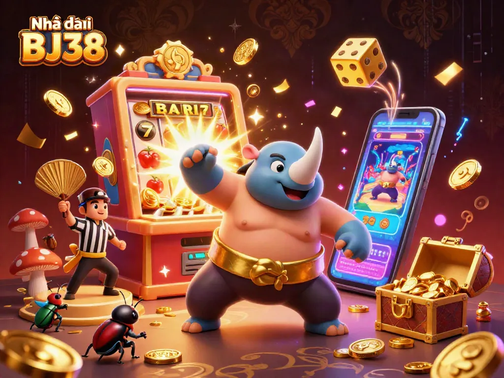 Engage with Nhà cái BJ38 in a vibrant, action-packed casino illustration featuring dynamic gambling elements.