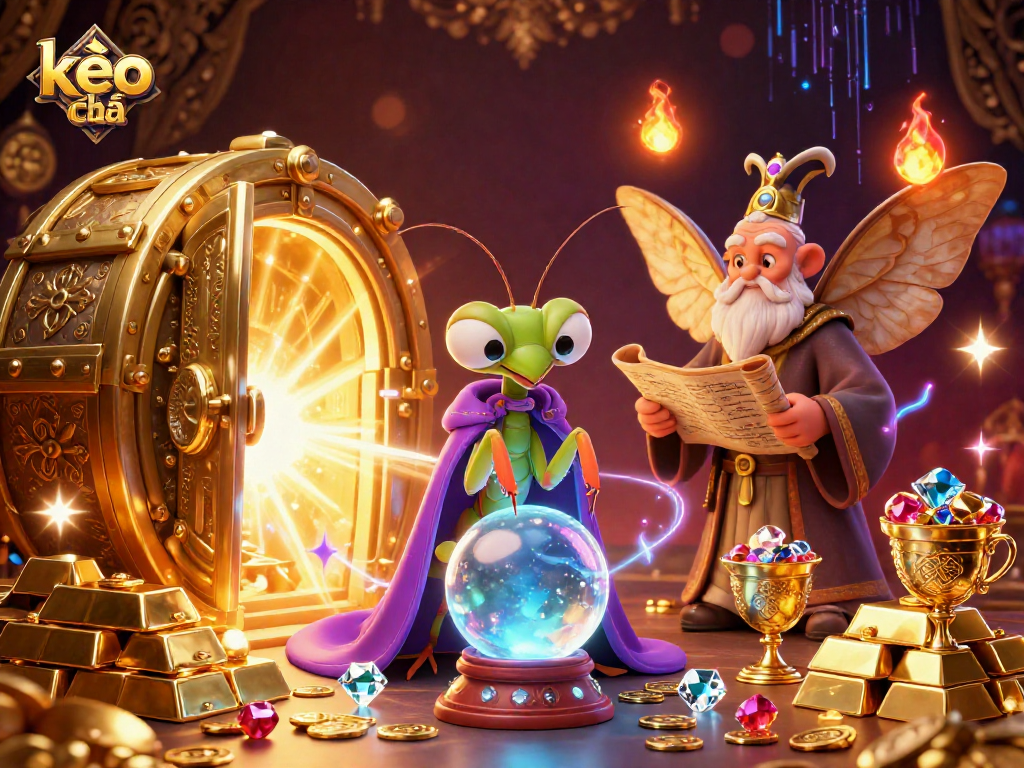 Engage with kèo nhà cái's vibrant casino world featuring a fortune teller, gold treasures, and mystical oracles.