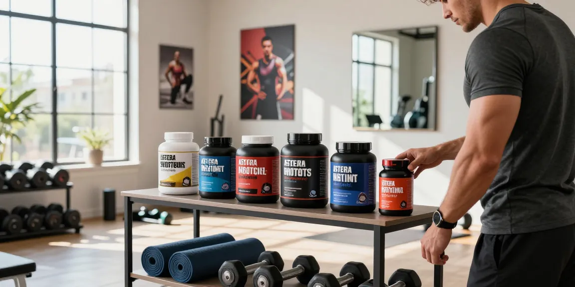 Astera Shop displays a variety of lab-tested steroids in a vibrant home gym setting.