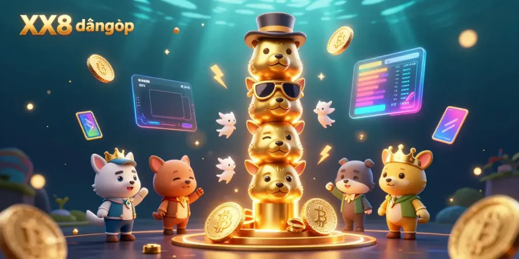 Engage with the vibrant scene of XX8 đăng nhập featuring a totem pole, crypto coins, and dynamic casino elements.