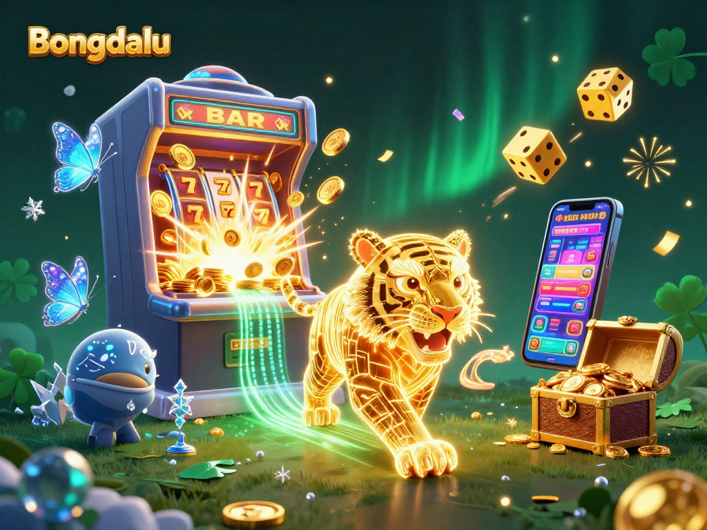 Bongdalu showcases exciting casino scenes with a neon wireframe tiger and vibrant jackpot explosions.