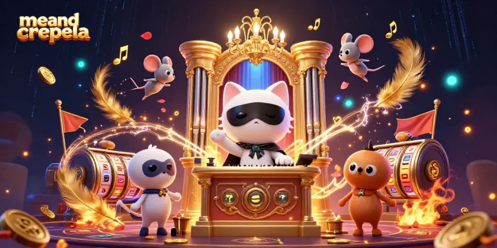 Permainan slot dengan meandcrepela di pusat 3D karakter mendebarkan dalam ilustrasi kasino.
