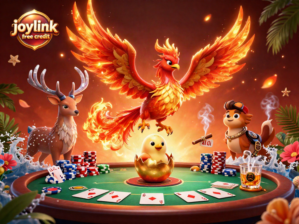 Experience joylink free credit with vibrant casino elements featuring poker chips and phoenix characters.