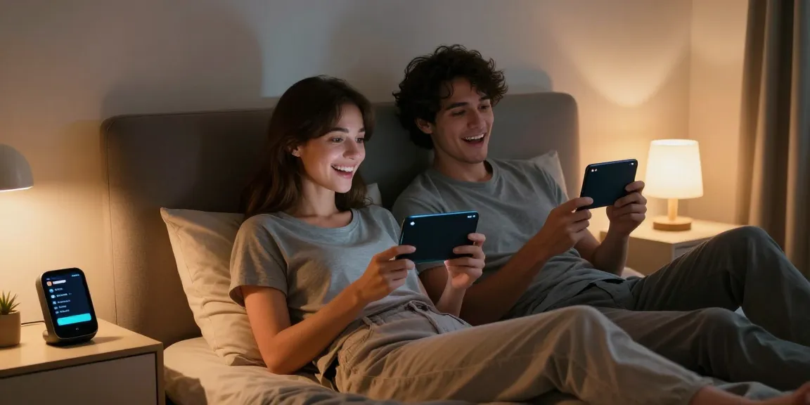 Couple enjoying an engaging ai sex chat in a cozy bedroom setting.