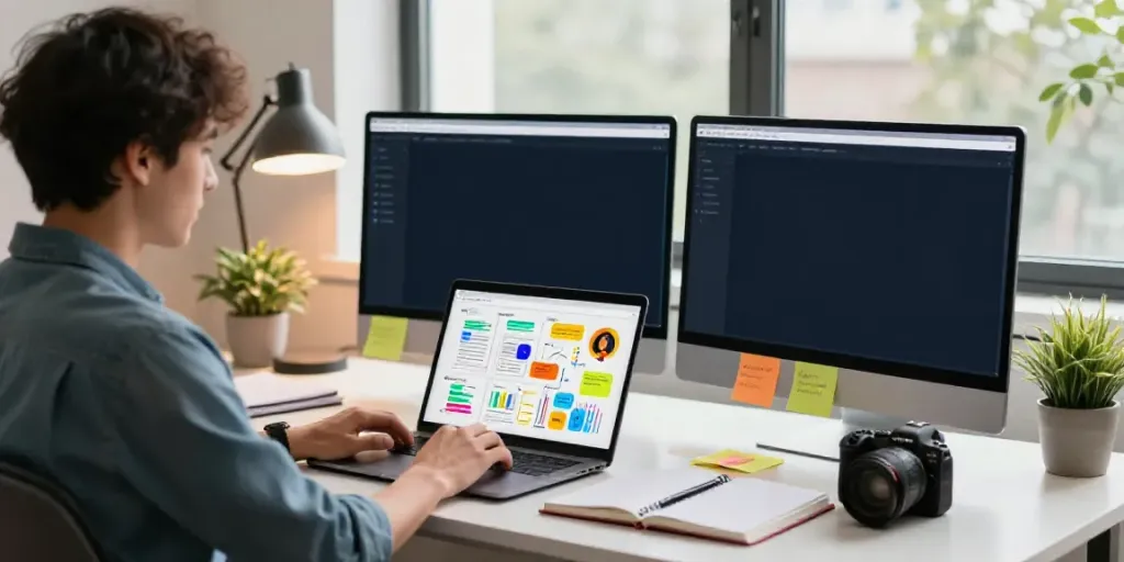 Engaging workspace featuring AI content writing platform with vibrant brainstorming visuals on screen.