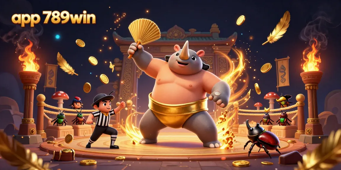 Experience the excitement of app 789win with a dynamic illustration of 3D beetle champions in a vibrant casino arena.