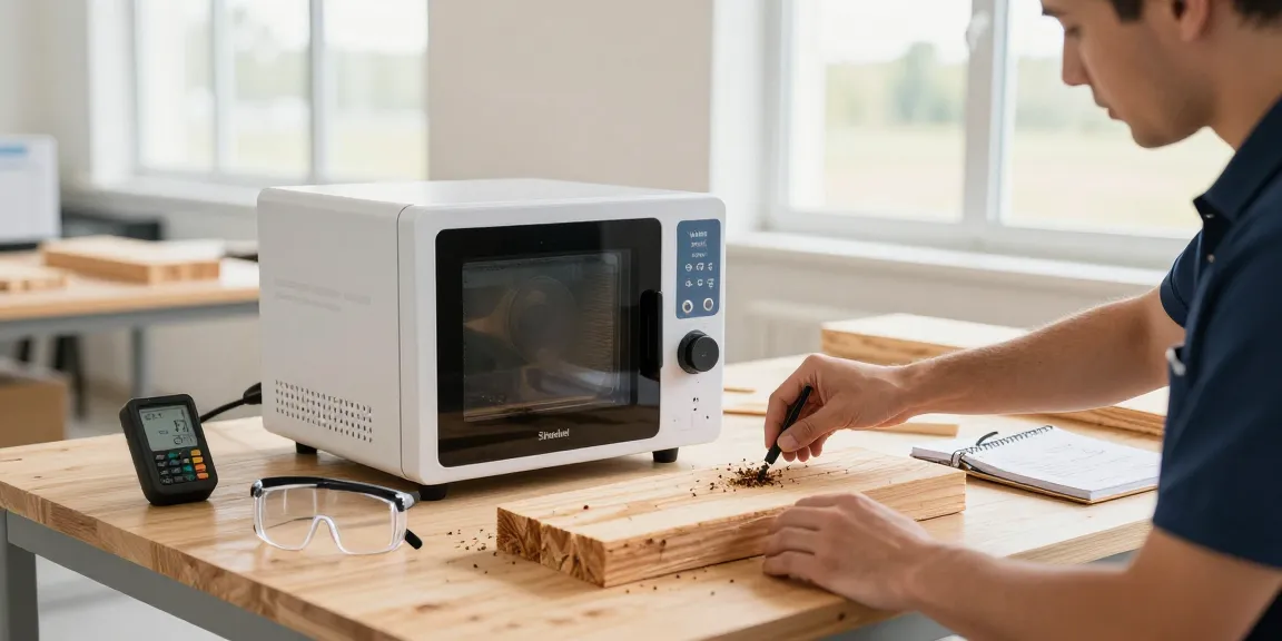 Shashel microwave technology effectively treating wood to eliminate pests in a professional workspace.