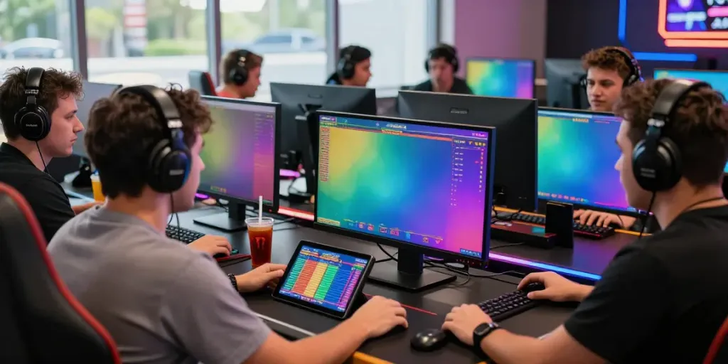 Exciting scene of players engaging in Togel online betting with vibrant screens and digital displays.