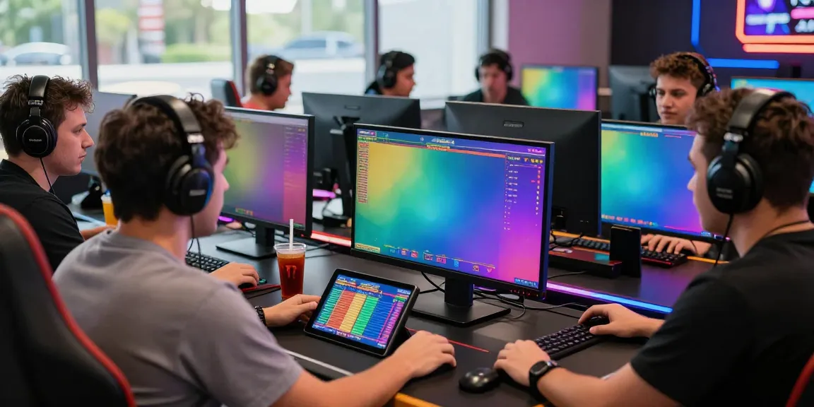 Exciting scene of players engaging in Togel online betting with vibrant screens and digital displays.