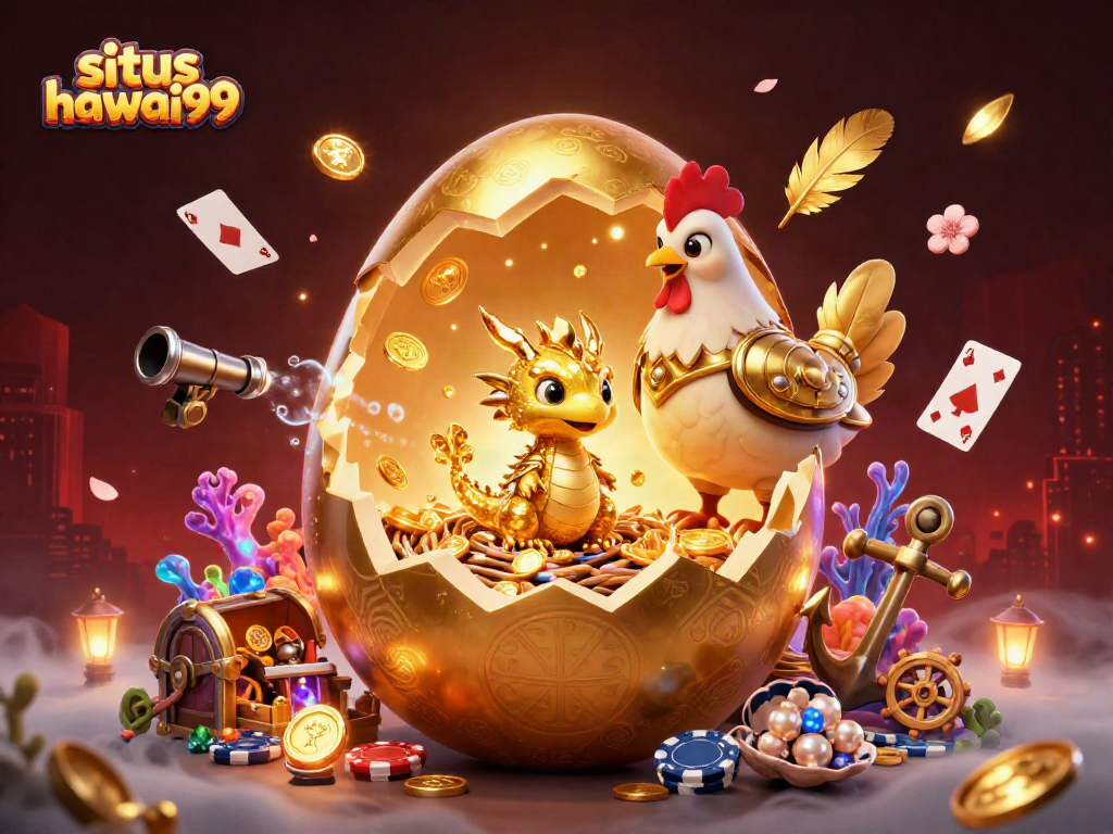 Experience situs hawai99 excitement with a golden dragon amidst vibrant casino treasures.