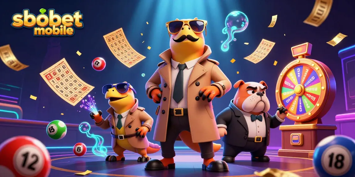 Engage with sbobet mobile betting through an animated scene of raptors and a bulldog in a casino.