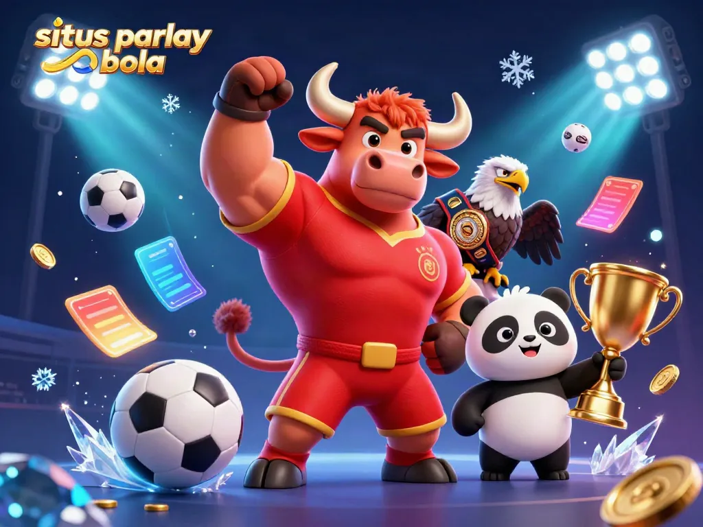 Engage in thrilling situs parlay bola betting strategies with dynamic sports elements featuring a victorious bull, eagle, and panda.