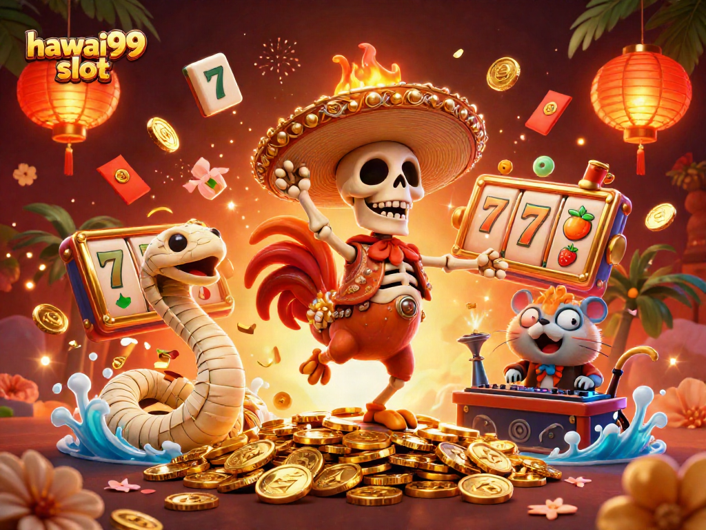 Join the fun with hawai99 slot featuring a vibrant dance of characters on golden coins.