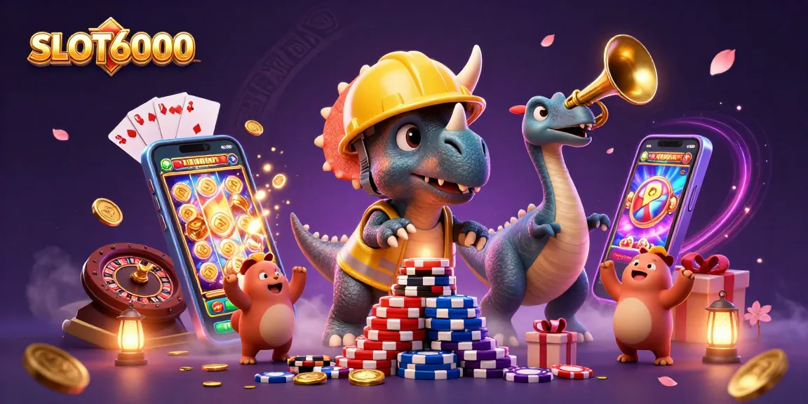 SLOT6000 celebrates gaming with dynamic characters building poker chip pyramids amidst festive casino elements