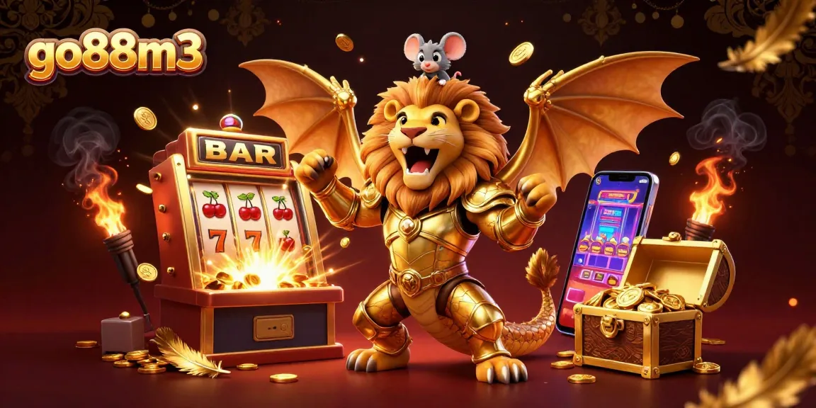 Experience the excitement of gaming at go88m3 with a roaring chimera, jackpots, and vibrant casino elements.