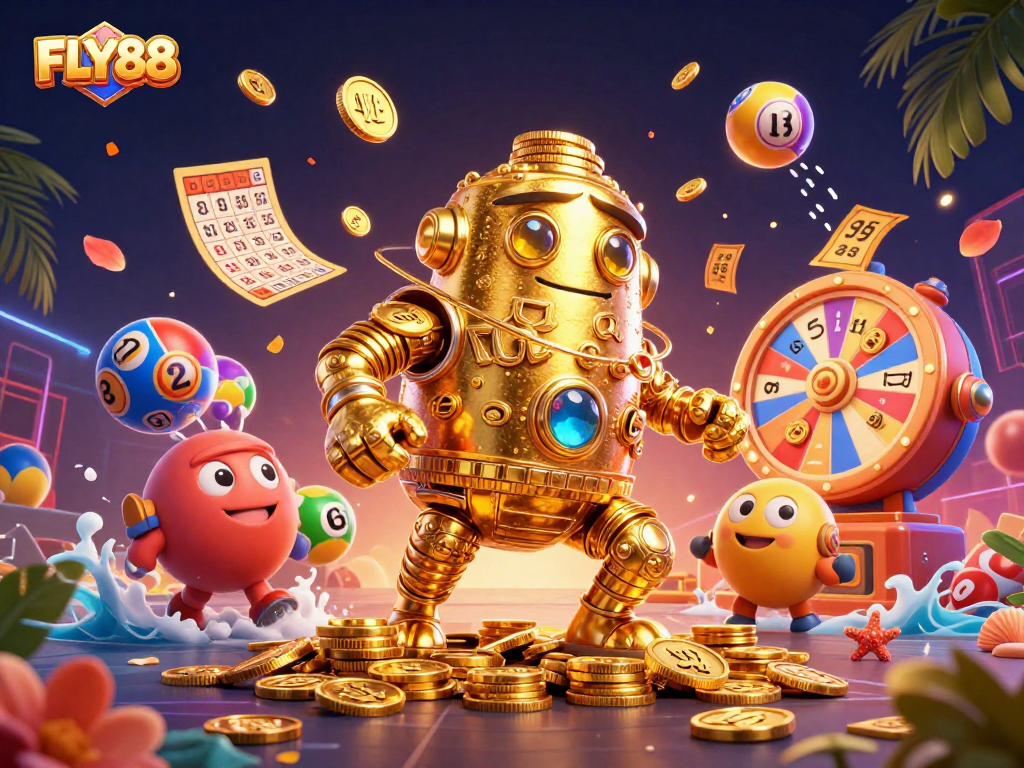 Experience the exciting world of FLY88 with a vibrant 3D illustration featuring a golden golem and dynamic game elements.