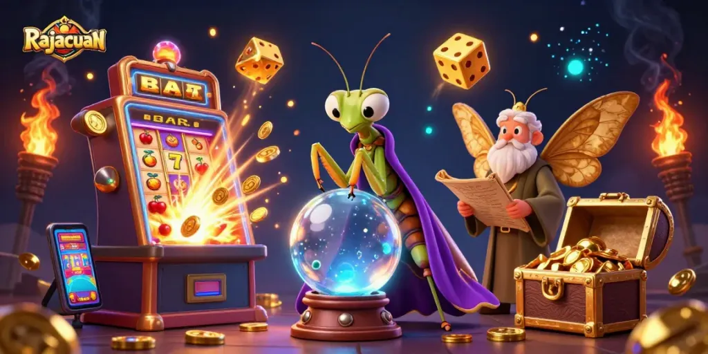 Win big with Rajacuan as a fortune teller and moth librarian unveil jackpot secrets in this immersive casino illustration.