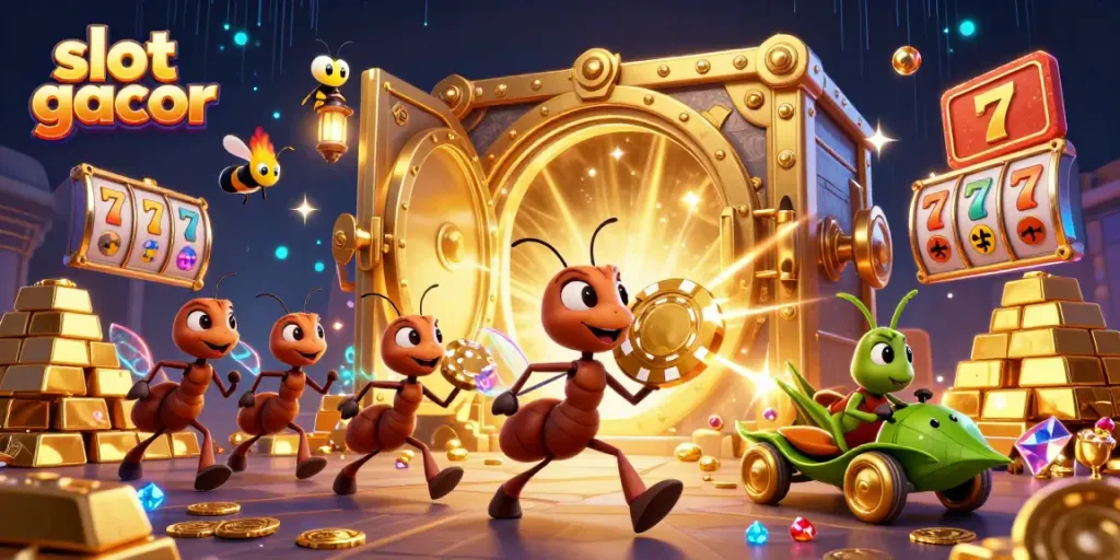 Slot gacor theme illustration featuring cartoon ants with a golden poker chip in a vibrant casino heist.