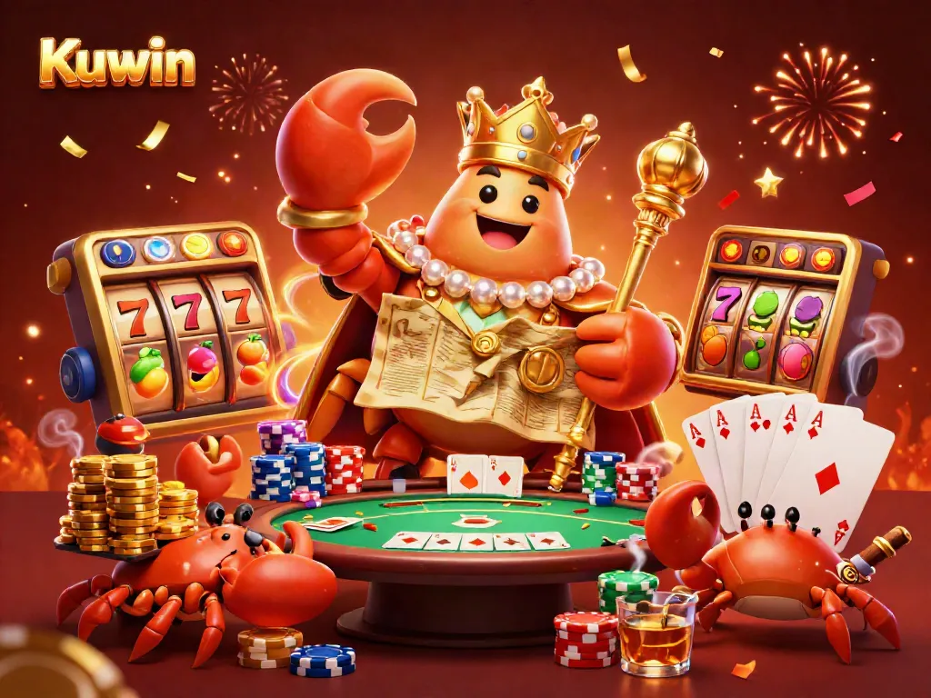 Kuwin's vibrant 3D casino scene showcases a golden crab emperor amidst lively gaming elements.