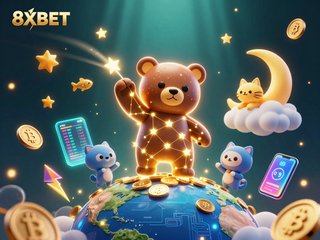 8XBET showcases an engaging scene where a constellation bear collects coins, symbolizing online gaming excitement.