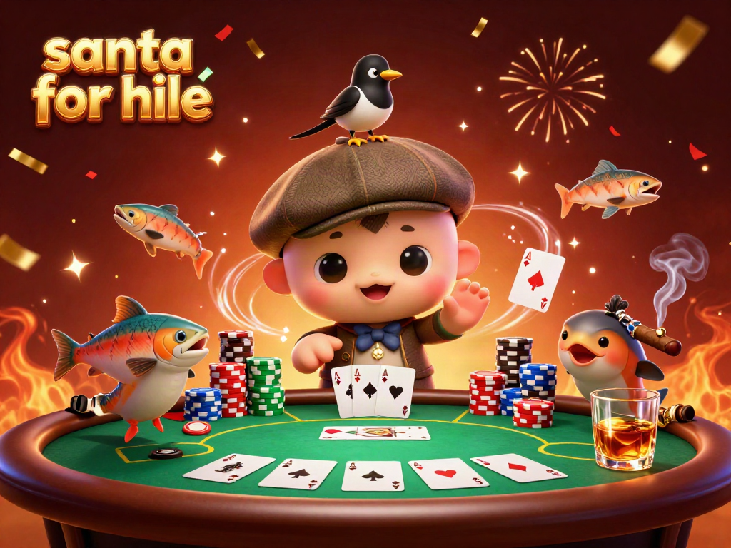 Playful scene with Santa for hire cartoon characters at a poker table amidst festive gambling elements.