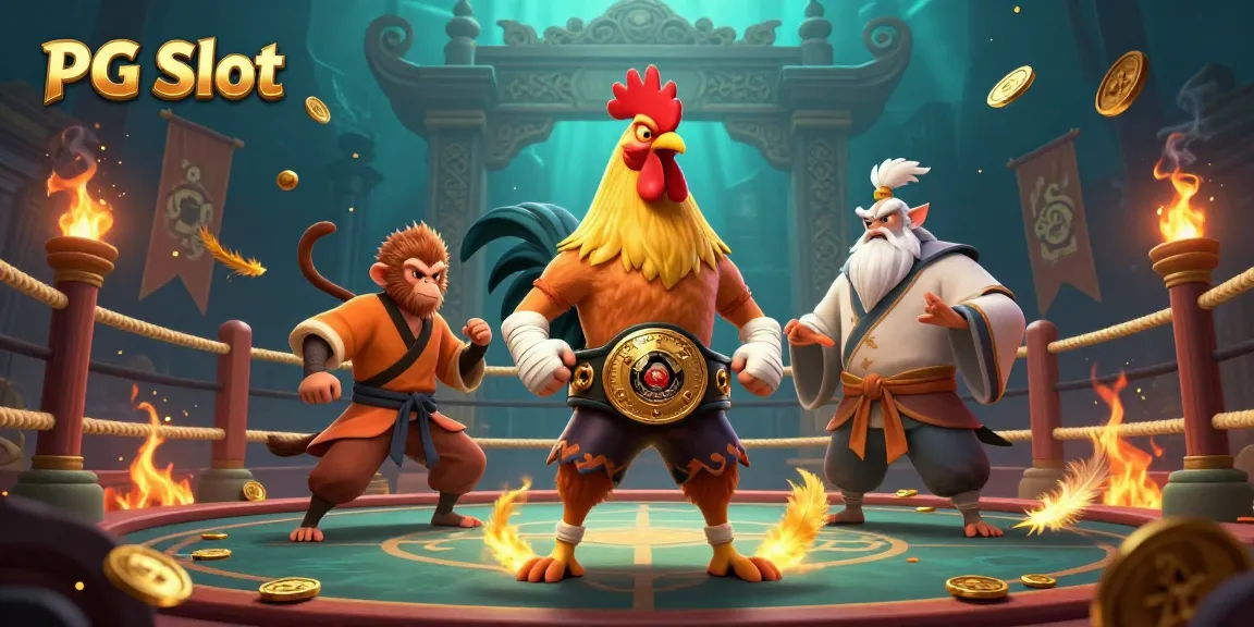 Engage with PG Slot games in a dynamic scene featuring a Muay Thai rooster, Shaolin monkey, and crane master amidst gold coins and fiery effects.