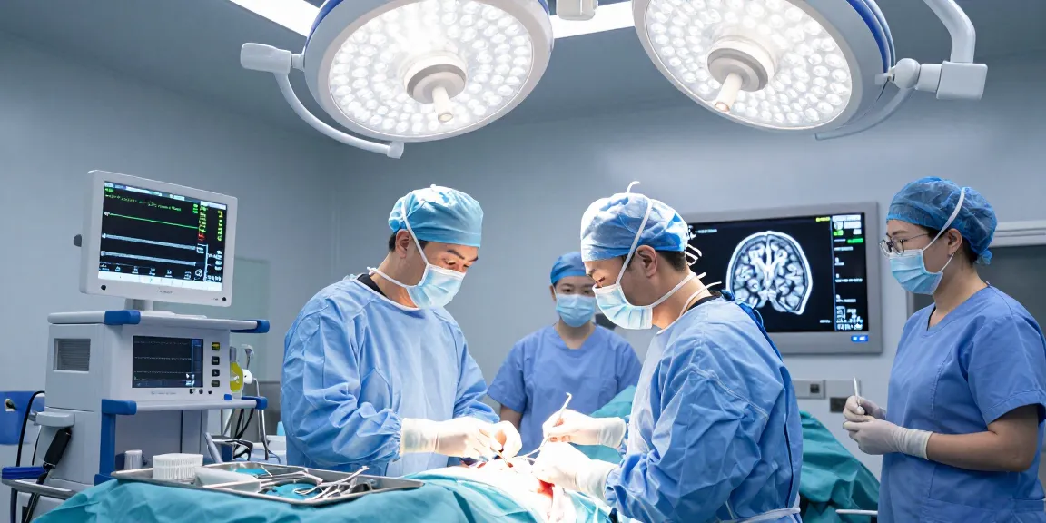 Beyin ameliyatı performed by a focused surgical team in an advanced operating room.