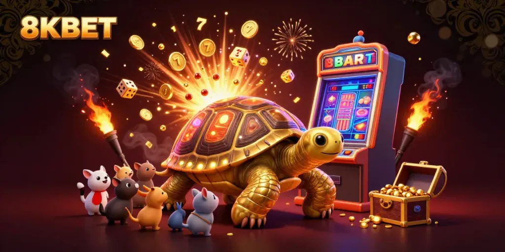 Experience interactive play at 8KBET with a fun gaming scene featuring a golden tortoise pinball machine and excitement in the air.