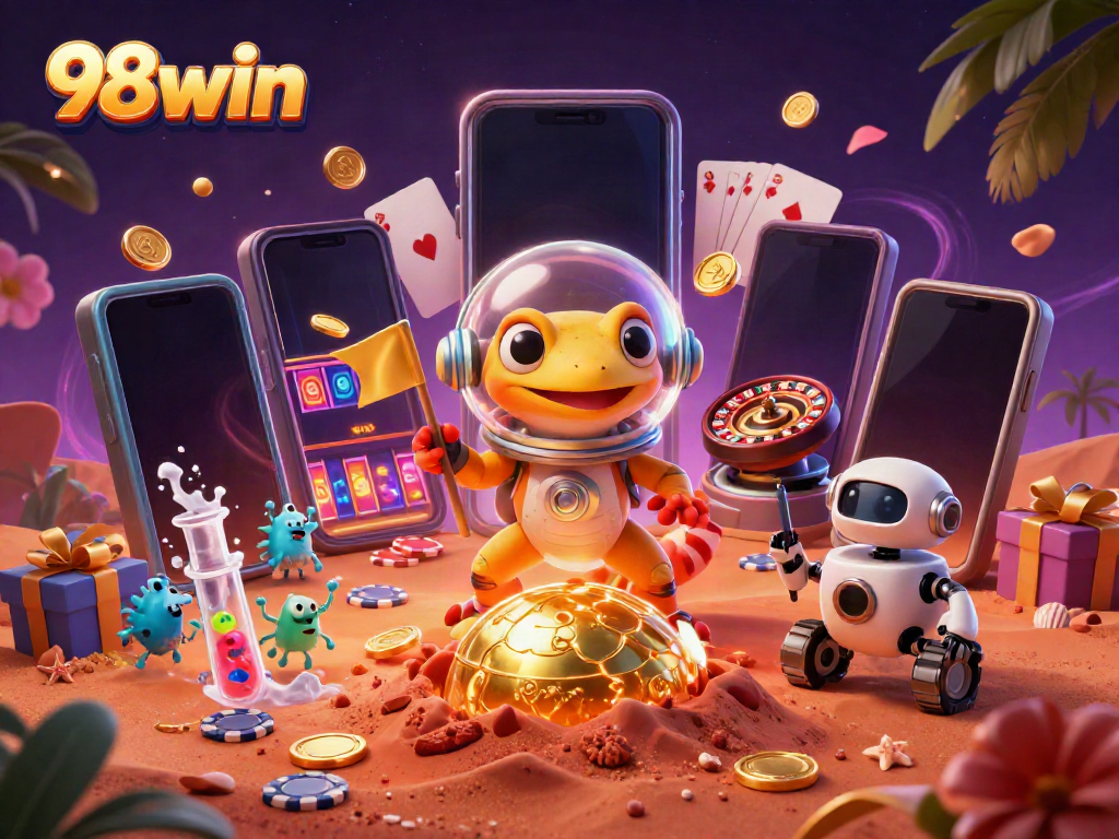 Experience the thrill of 98win with a Martian gecko uncovering a golden casino amidst vibrant gaming elements.