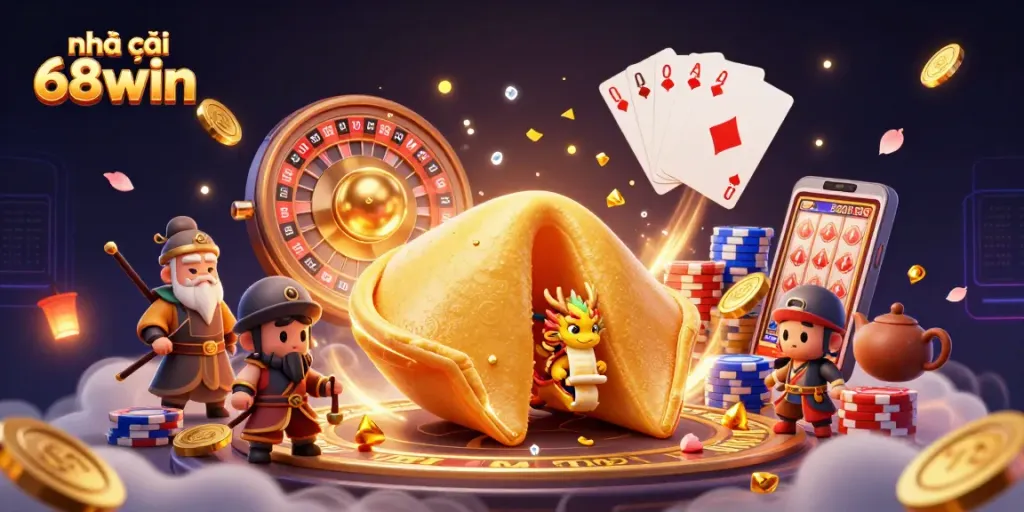 Experience the thrill of nhà cái 68win with a vibrant 3D casino scene featuring dynamic game elements and animated characters.