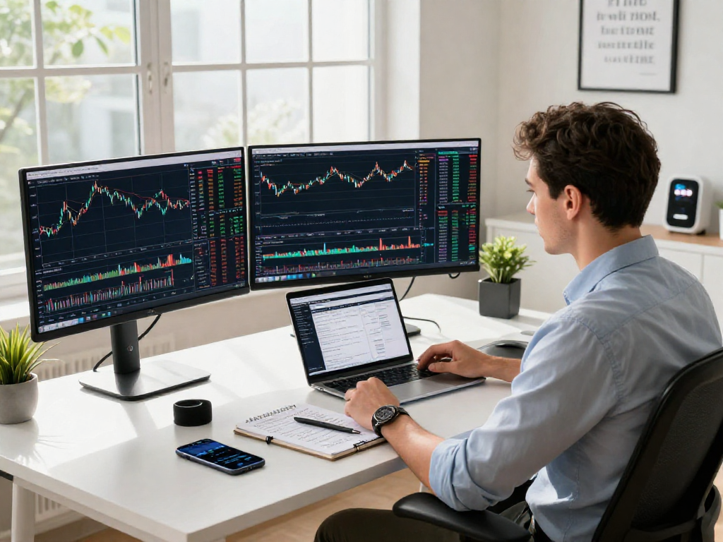 TradingView charts displayed on multiple monitors in a modern trading workspace.