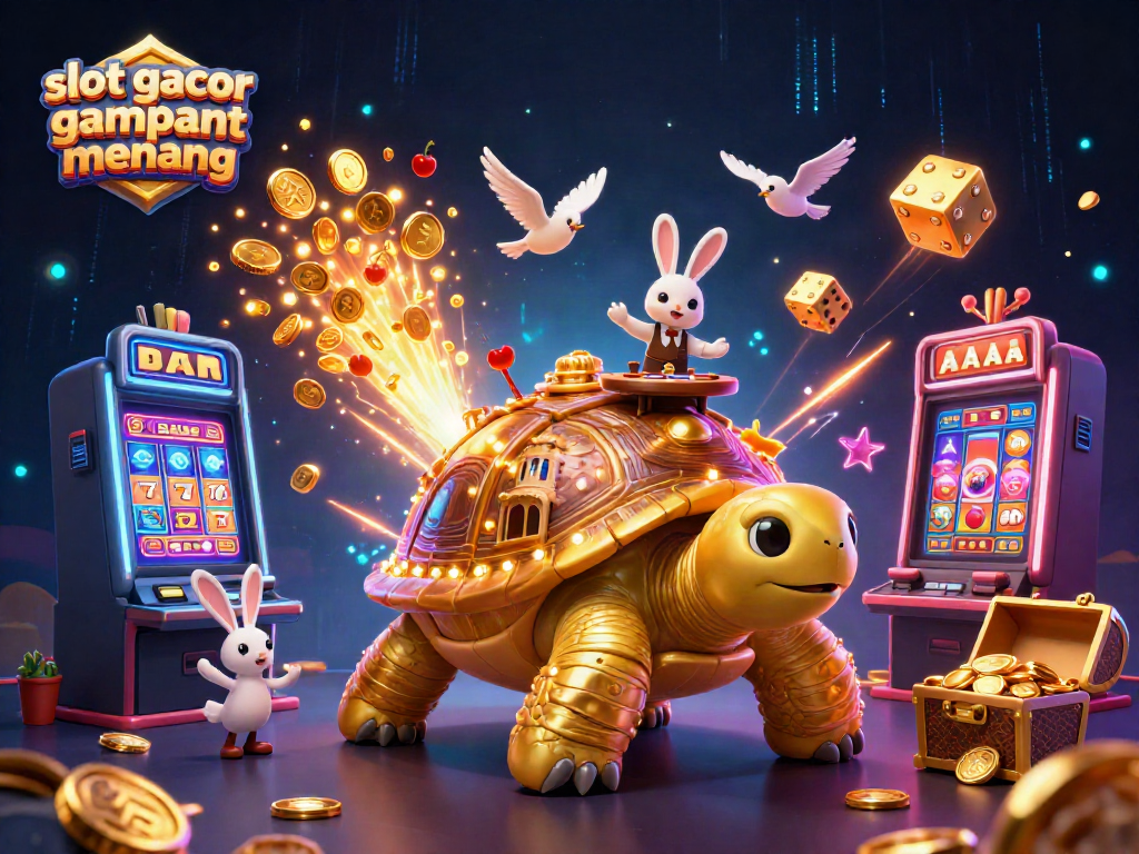 Experience thrilling wins in slot gacor gampang menang with a dazzling casino-themed scene featuring a tortoise and a rabbit dealer.