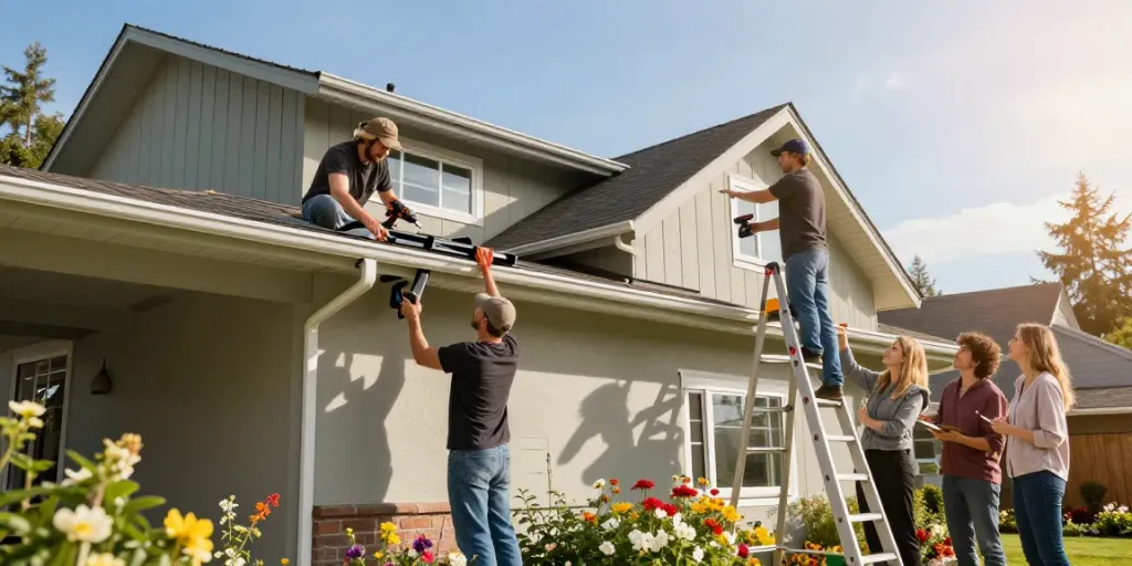 Spokane gutter installation scene with professionals working on seamless gutters at a residential home
