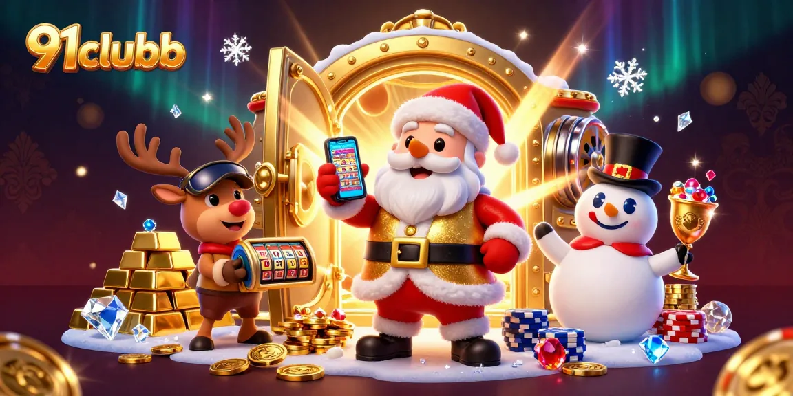 Experience thrilling jackpots on 91clubb with festive characters in a vibrant casino scene.