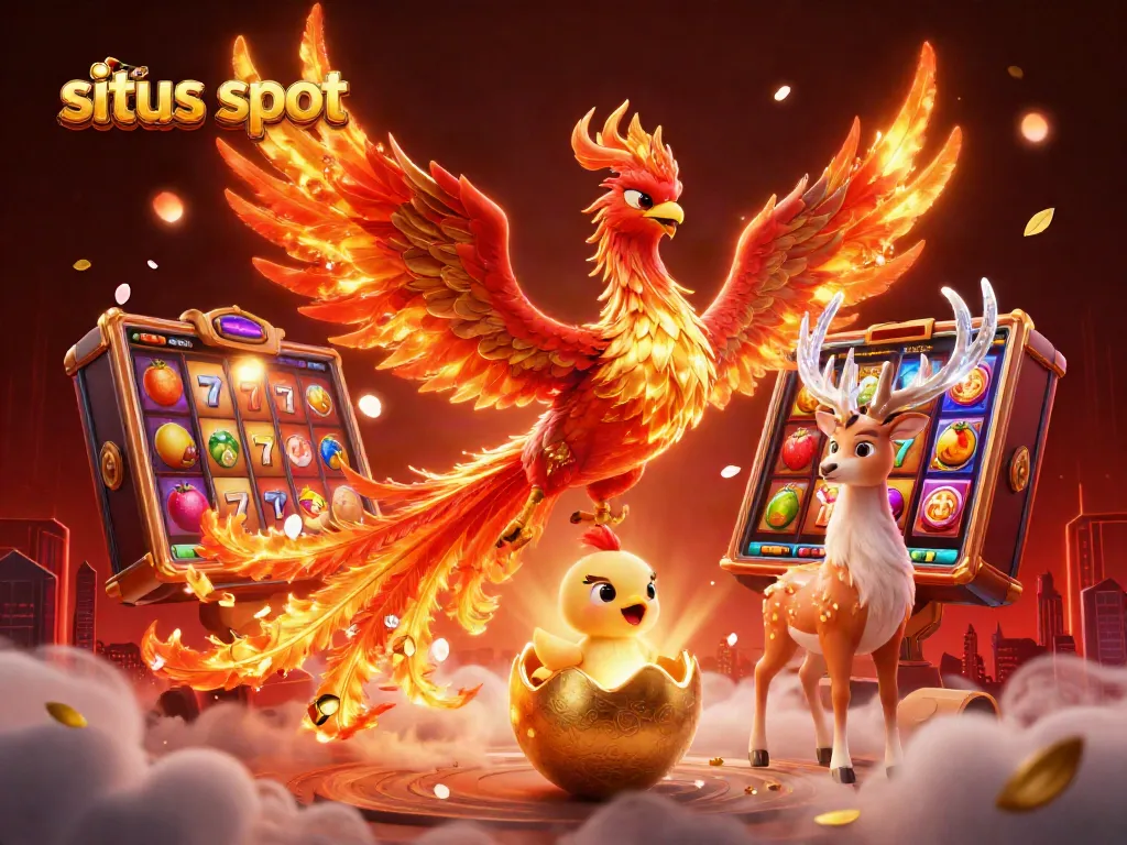 Experience excitement at situs slot with a vibrant 3D scene featuring a phoenix, baby chick, and stag.