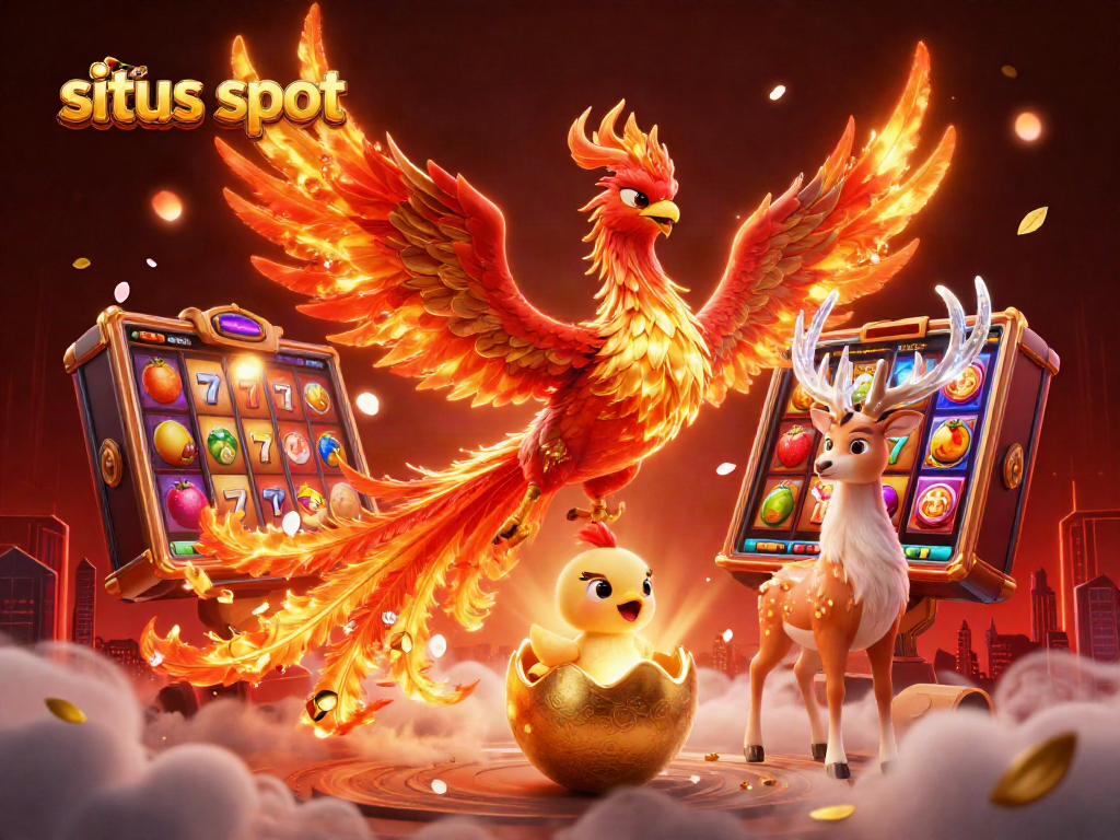 Experience excitement at situs slot with a vibrant 3D scene featuring a phoenix, baby chick, and stag.