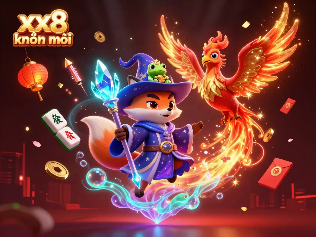 Witness the excitement of xx8 khuyến mãi with a wizard fox and phoenix amidst vibrant gambling symbols.