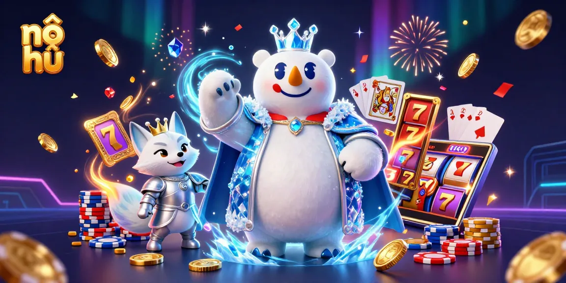 Nổ hũ game excitement with a majestic ice king and fox amidst cascading coins and vibrant slot reels