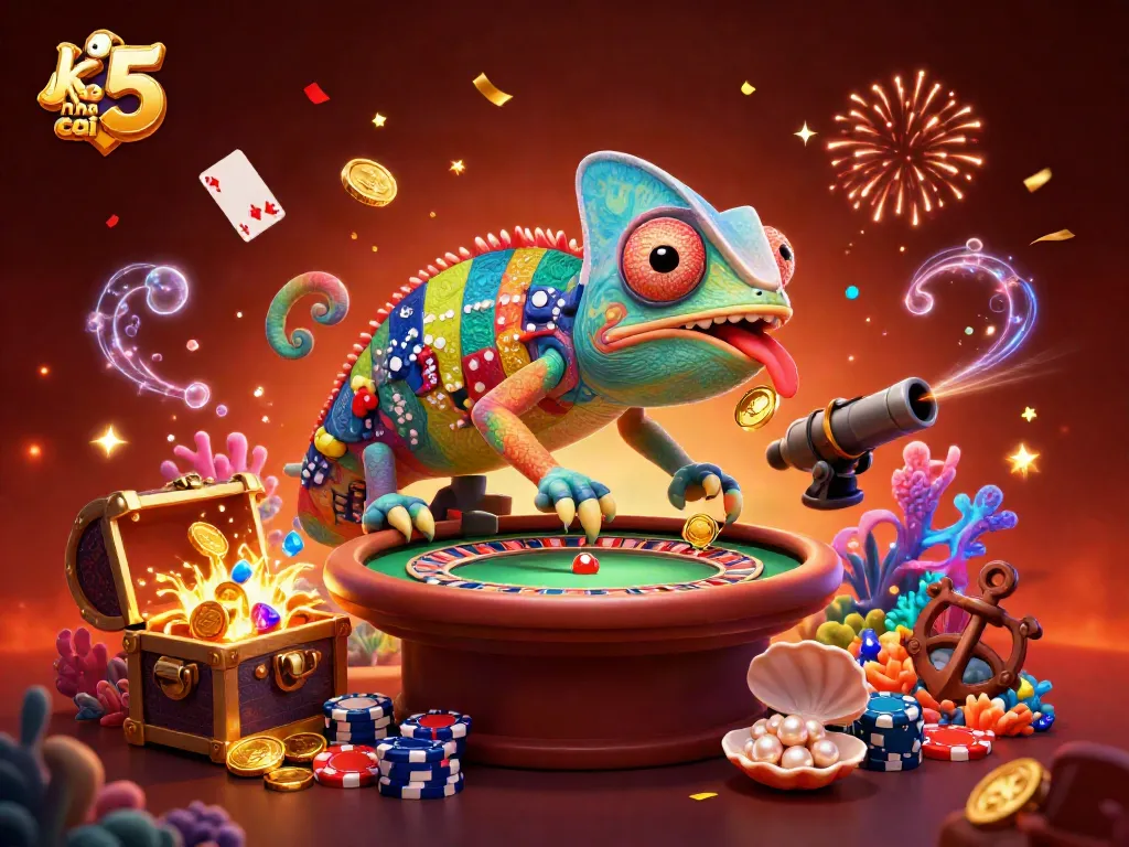 Engaging scene of the keo nha cai 5 chameleon owner capturing golden coins in a vibrant casino.