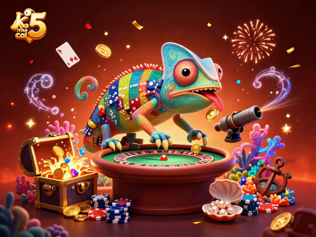 Engaging scene of the keo nha cai 5 chameleon owner capturing golden coins in a vibrant casino.