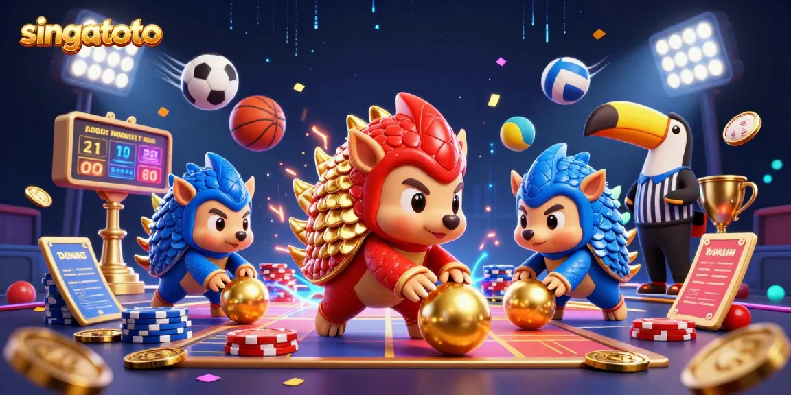 Experience singatoto excitement as rival pangolins roll through poker chips in a vibrant casino atmosphere.