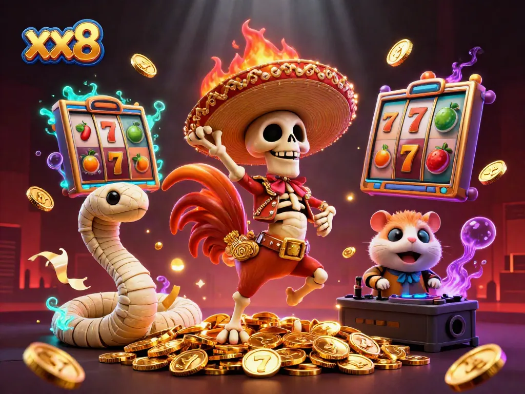 Experience the excitement of xx8 with engaging slot reels and colorful characters dancing on coins.