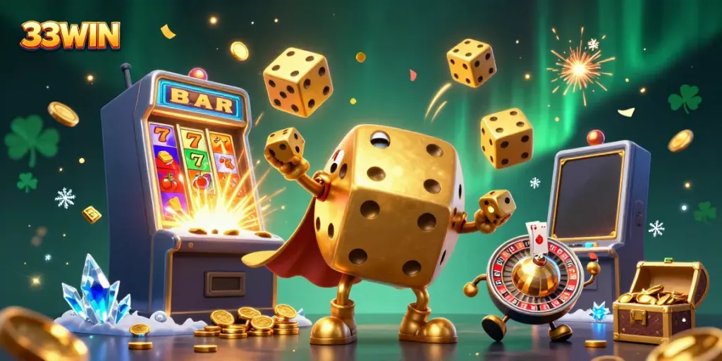 Engage with 33WIN's vibrant casino experience alongside animated golden dice and jackpots.