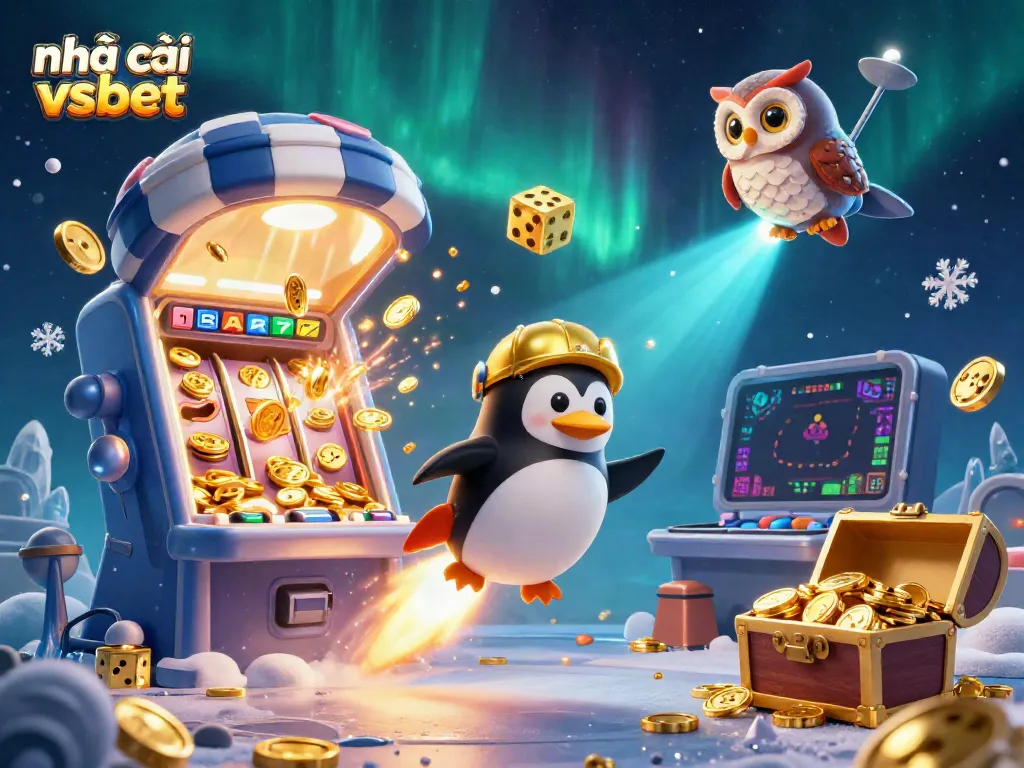 Experience the thrill of nhà cái vsbet with a golden penguin and casino elements in a vibrant space scene.