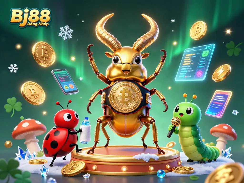 Bj88 Đăng Nhập showcases a thrilling scene with a golden stag beetle champion preparing for a grand casino match.