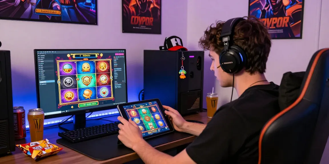 Player enjoying king999 slot game on tablet surrounded by colorful graphics and snacks.