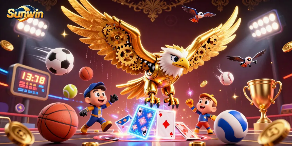 Experience dynamic sports betting excitement with Sunwin's vibrant 3D animation of golden eagle diving through holographic cards.